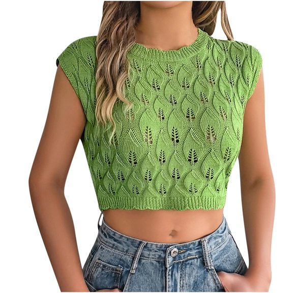 ZyeKqe Crop Tops for Women Hollow out Cap Sleeve Sweaters Crewneck Going out Knit Tops Trendy Tops Size S-XL
