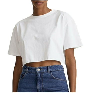 ZyeKqe Crop Tops for Women Short Sleeve High Neck Basic Shirts Casual Summer Solid Color Tee Blouses