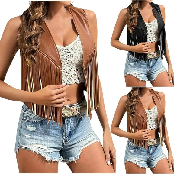 ZyeKqe Womens Vests Sleeveless Open Front Tassel Tank Tops Vacation Fashion Party Cropped Waistcoat
