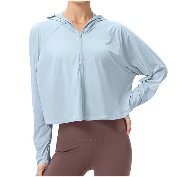 ZyeKqe Cropped Hoodies for Women Sunprotection Jackets Full Zip up Long Sleeve Athletic Shirts Running Gym Yoga Top