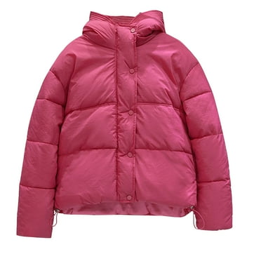 ZyeKqe Cropped Puffer Jackets for Women Hooded Long Sleeve Button Zipper Thick Winter Coats Solid Color