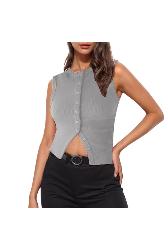 Cropped Sweater Vest for Women Button down Crewneck Sleeveless Knit Shirts Lightweight Knitwear