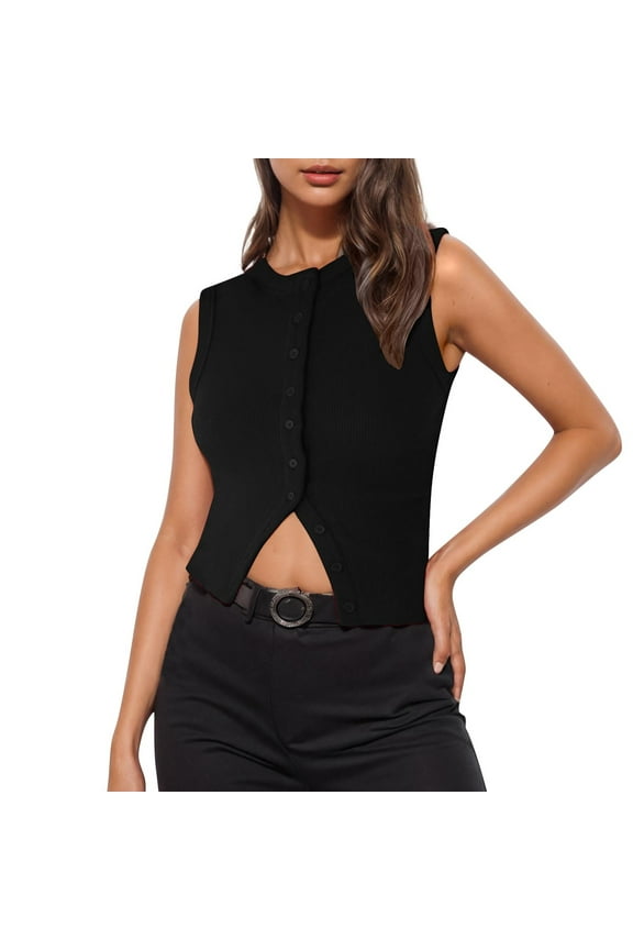 Cropped Sweater Vest for Women Button down Crewneck Sleeveless Knit Shirts Lightweight Knitwear