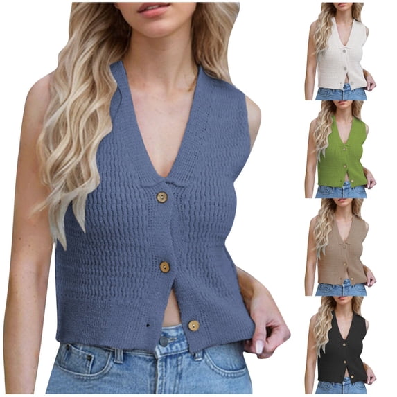ZyeKqe Cropped Sweater Vests for Women Sleeveless Button down Tank Top V Neck Knit Crop Top