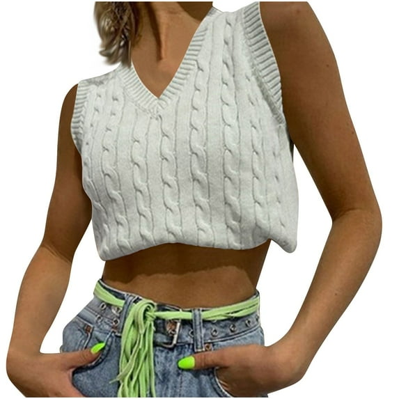 ZyeKqe Cropped Sweater Vest for Women Sleeveless Knit Top V Neck Pullover Tank Top Solid Color