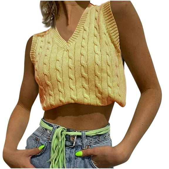 ZyeKqe Cropped Sweater Vest for Women Sleeveless Knit Top V Neck Pullover Tank Top Solid Color