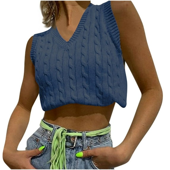 ZyeKqe Cropped Sweater Vest for Women Sleeveless Knit Top V Neck Pullover Tank Top Solid Color