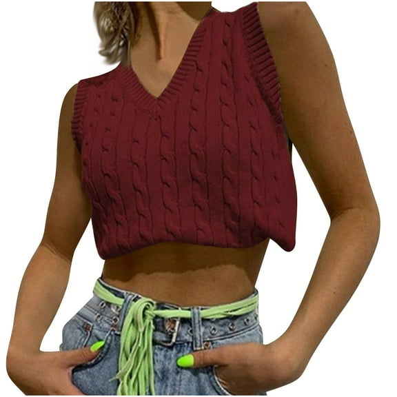ZyeKqe Cropped Sweater Vest for Women Sleeveless Knit Top V Neck Pullover Tank Top Solid Color