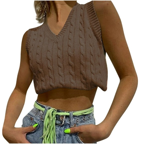 ZyeKqe Cropped Sweater Vest for Women Sleeveless Knit Top V Neck Pullover Tank Top Solid Color