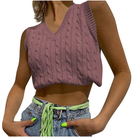 ZyeKqe Cropped Sweater Vest for Women Sleeveless Knit Top V Neck Pullover Tank Top Solid Color