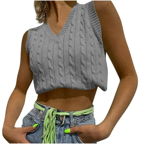 ZyeKqe Cropped Sweater Vest for Women Sleeveless Knit Top V Neck Pullover Tank Top Solid Color