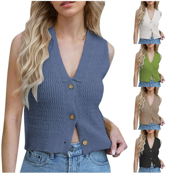 ZyeKqe Cropped Sweater Vests for Women Sleeveless Button down Tank Top V Neck Knit Crop Top