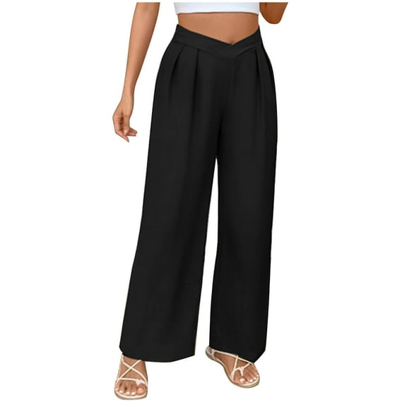 ZyeKqe Dress Pants for Women Crossover Low Waisted Work Pants Straight Wide Leg Pleated Office Trousers