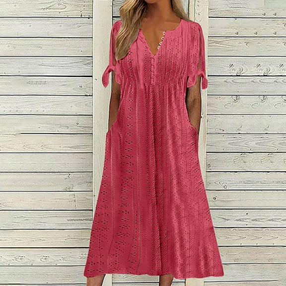 ZyeKqe Dresses for Women Eyelet Short Sleeve Solid Color Maxi Long Tshirt Dress Casual Summer Beach Vacation Sundress
