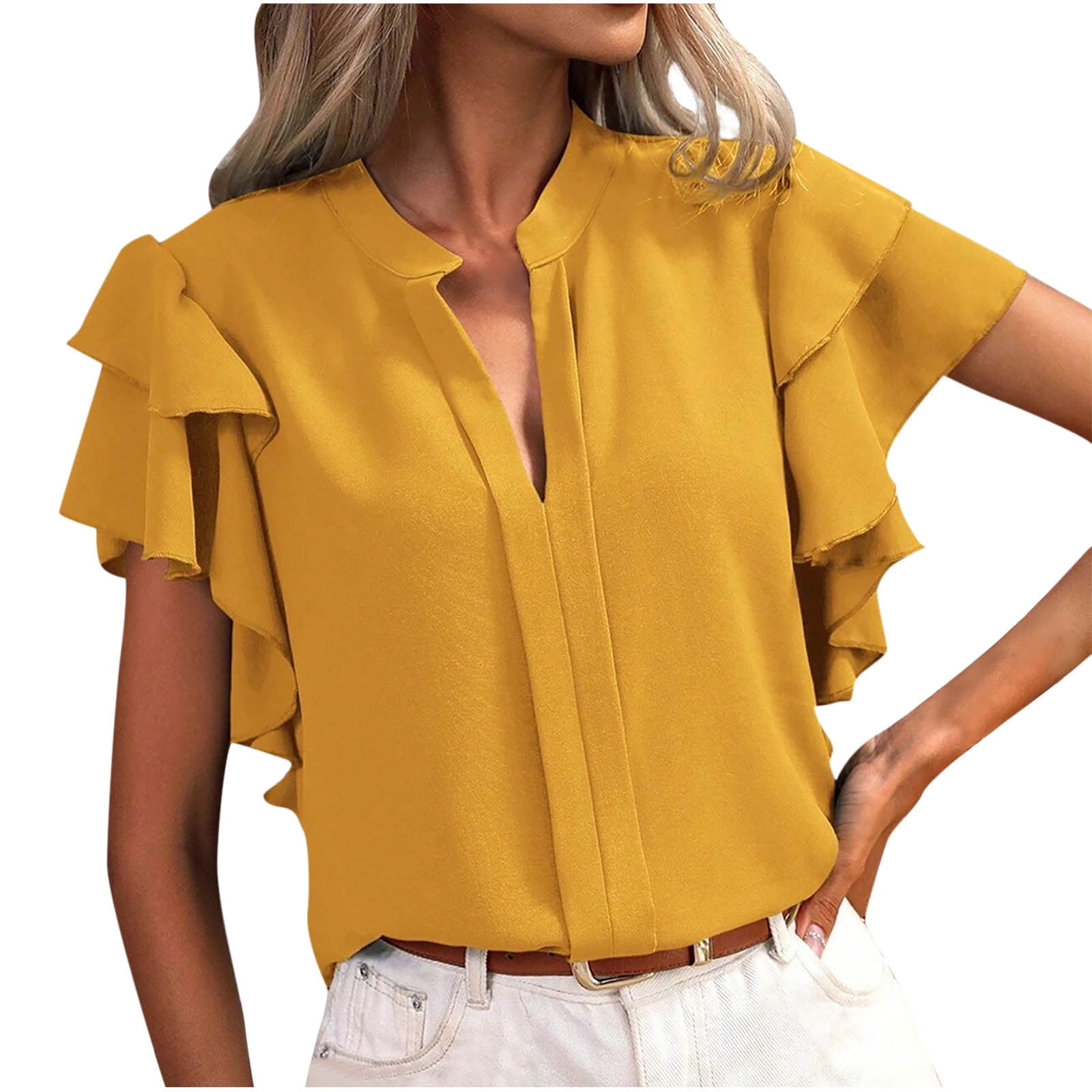 ZyeKqe Dressy Casual Blouses for Women Double Layered Ruffle Short ...
