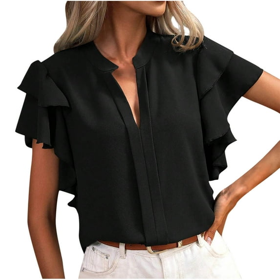 ZyeKqe Dressy Casual Blouses for Women Double Layered Ruffle Short Sleeve Work Shirts V Neck Business Top