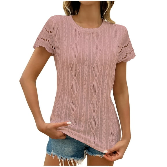 ZyeKqe Dressy Casual Tops for Women Crochet Short Sleeve Shirts Crewneck Slim Fitted Blouses Top