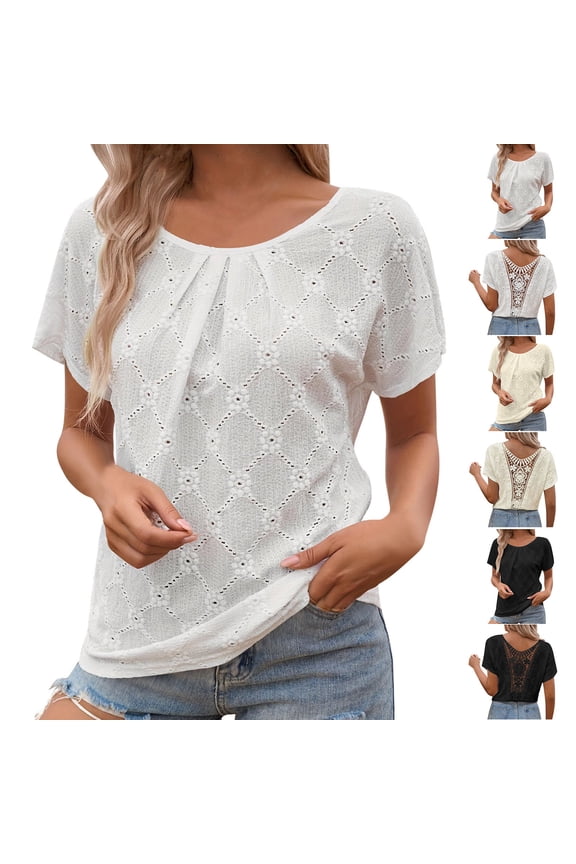 Dressy Casual Tops for Women Eyelet Short Sleeve Shirts Lace Crochet Back Crewneck Pleated Loose Blouses
