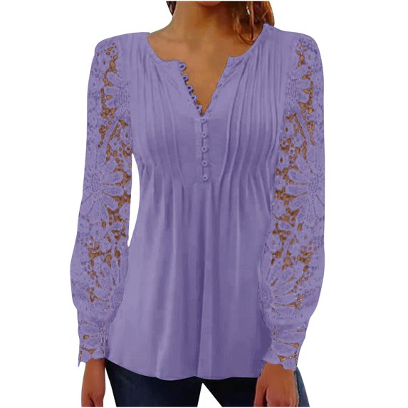 ZyeKqe Dressy Casual Tops for Women Lace Crochet Long Sleeve Shirts Button up V Neck Pleated Tunic Top Blouses