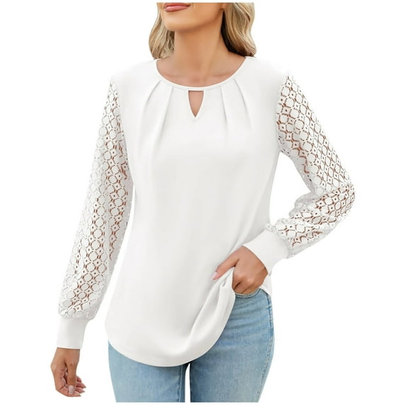 ZyeKqe Dressy Casual Tops for Women Lace Crochet Puff Long Sleeve Shirts Keyhole Crewneck Pleated Blouses