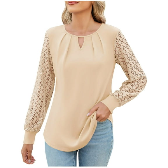 ZyeKqe Dressy Casual Tops for Women Lace Crochet Puff Long Sleeve Shirts Keyhole Crewneck Pleated Blouses