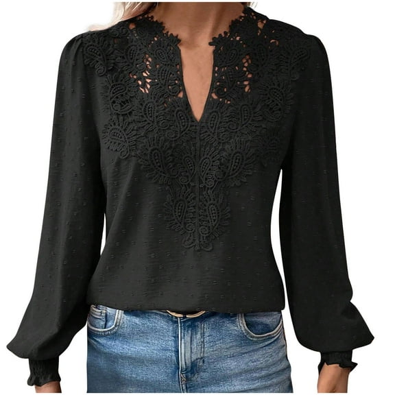 ZyeKqe Dressy Casual Tops for Women Lace V Neck Blouses Puff Long Sleeve Shirts Solid Color Cute Summer Top