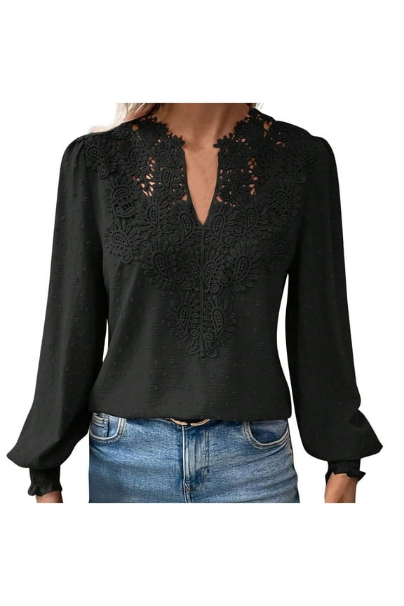Dressy Casual Tops for Women Lace V Neck Blouses Puff Long Sleeve Shirts Solid Color Cute Summer Top