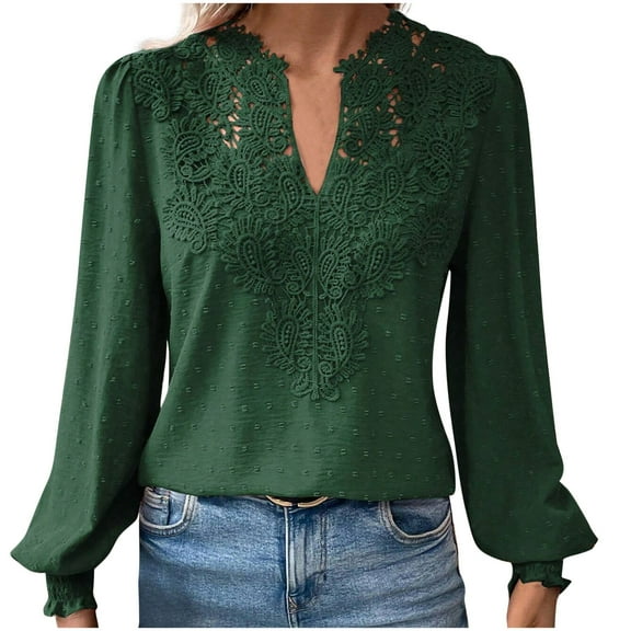 ZyeKqe Dressy Casual Tops for Women Lace V Neck Blouses Puff Long Sleeve Shirts Solid Color Cute Summer Top