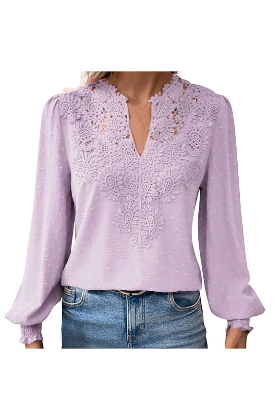 Dressy Casual Tops for Women Lace V Neck Blouses Puff Long Sleeve Shirts Solid Color Cute Summer Top