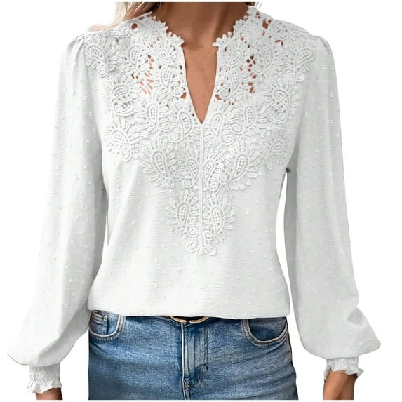 ZyeKqe Dressy Casual Tops for Women Lace V Neck Blouses Puff Long Sleeve Shirts Solid Color Cute Summer Top