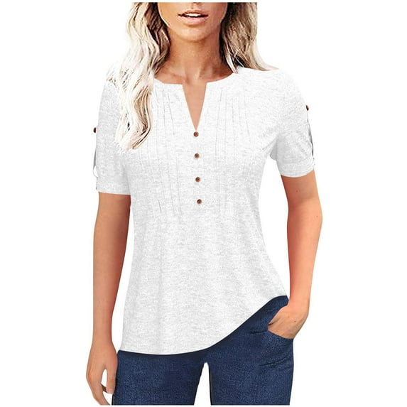 ZyeKqe Dressy Casual Tops for Women Puff Short Sleeve Shirts Button V Neck T Shirts Loose Summer Tops Tunic Blouse