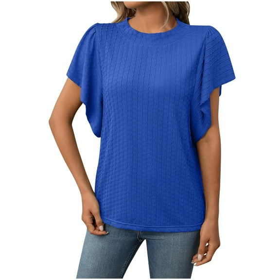 ZyeKqe Dressy Casual Tops for Women Ruffle Cap Sleeve Tops Crewneck Ribbed T Shirts Solid Color Blouses