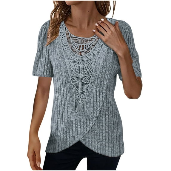 ZyeKqe Dressy Casual Tops for Women Short Sleeve Shirts Lace Cutout Crewneck Top Irregular Hem Ribbed Knit Tunic Top Blouses