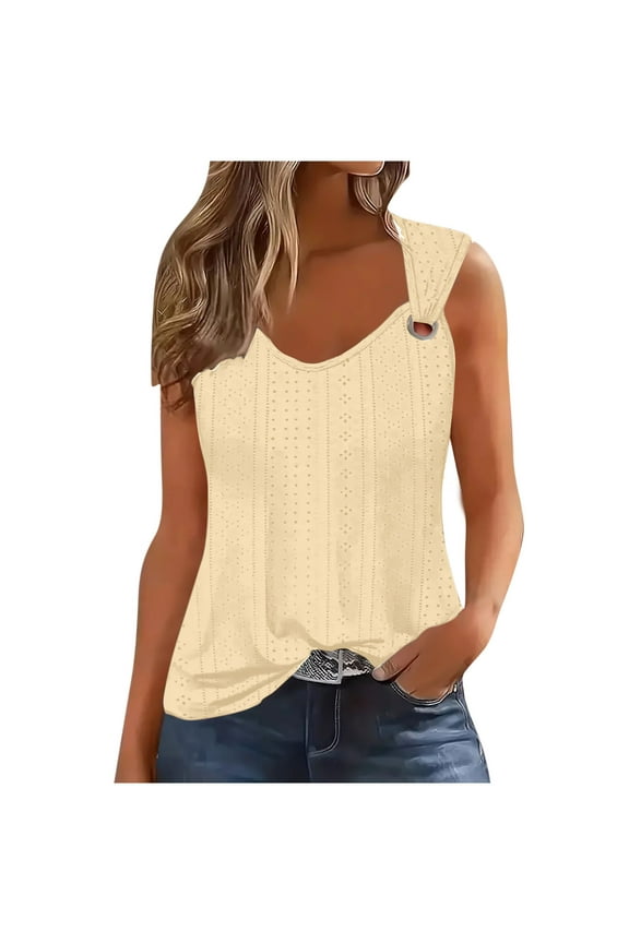 Eyelet Tank Tops for Women Loose Fitted Scoop Neck Summer Tunics Sleeveless Comfy Beach Tops
