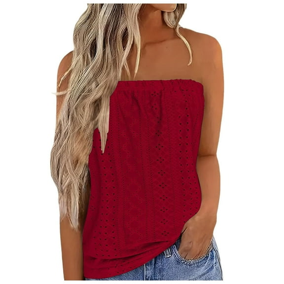 ZyeKqe Eyelet Tank Tops for Women Strapless Sleeveless Shirts Casual Flowy Summer Going out Tops