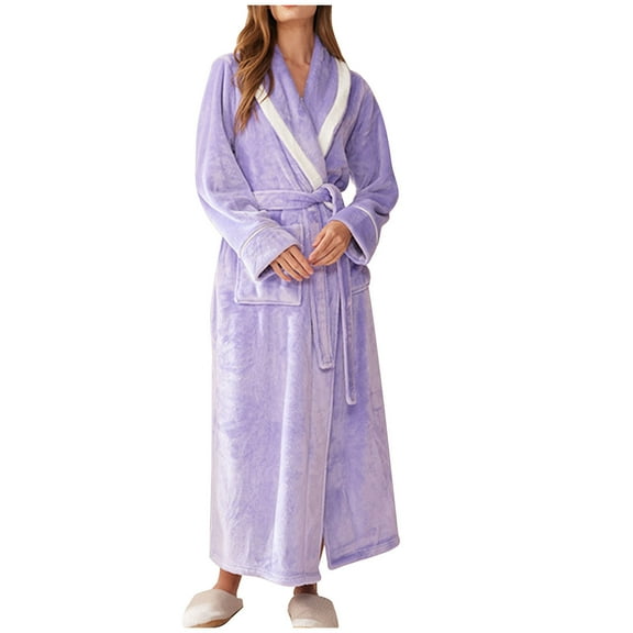 ZyeKqe Flannel Robes for Women Fuzzy Fleece Long Sleeve Bathrobe Full Length Winter Warm Plush Sleepwear with Pockets