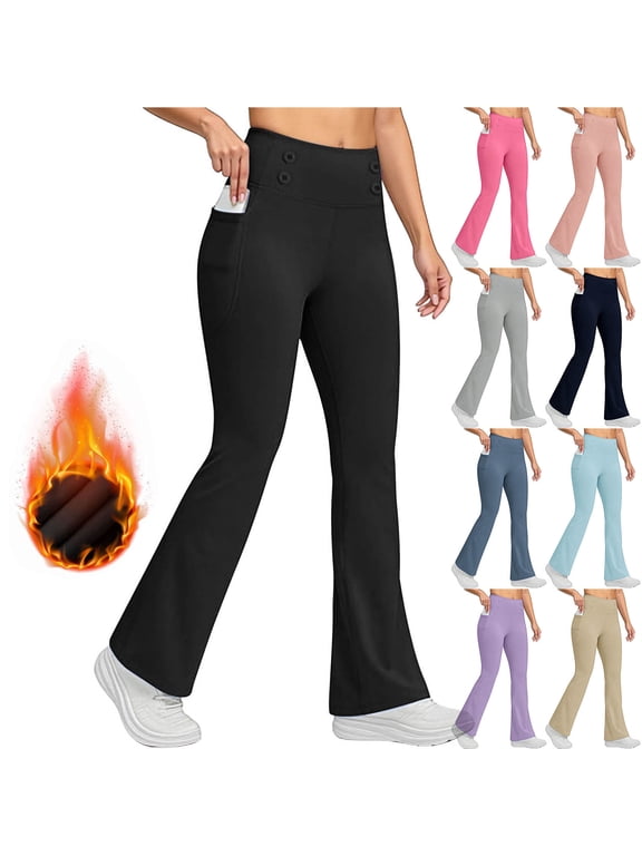 Flare Leggings for Women Fleece Lined Thermal Warm Work Pants Winter Bootcut Yoga Pants with Pockets