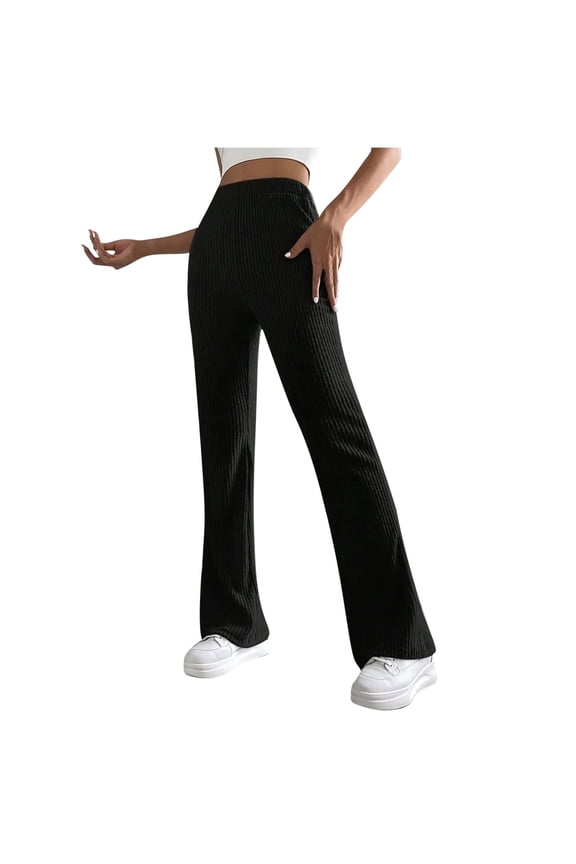 Flare Pants for Women Stretchy High Waisted Yoga Pants Wide Leg Ribbed Knit Bell Bottom Trousers