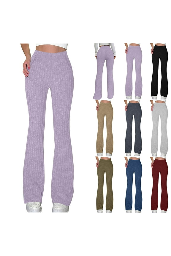 Flared Pants for Women Causal Ribbed Knit Lounge Bell Bottoms Elastic Waisted Comfy Bootcut Workout Yoga Trousers