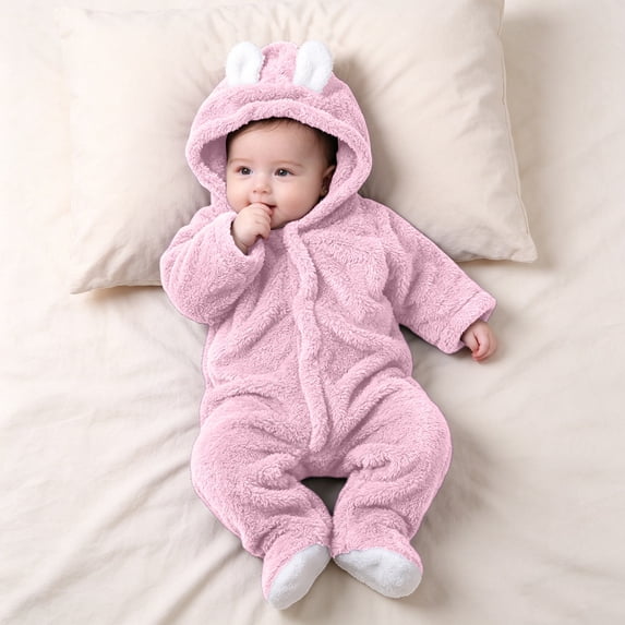 ZyeKqe Fleece Rompers for Newborn Full Zipper Cute Hooded Winter Thick Warm Fuzzy Casual Toddler Kids Jumpsuits(6-9 Months,Pink)