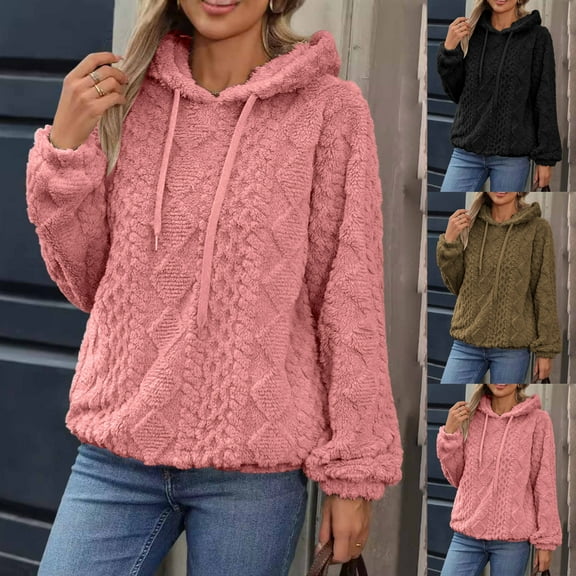 ZyeKqe Fuzzy Hoodies for Women Casual Drawstring Fleece Sherpa Sweatshirts Warm Comfy Ooutwear Long Sleeve Shirts