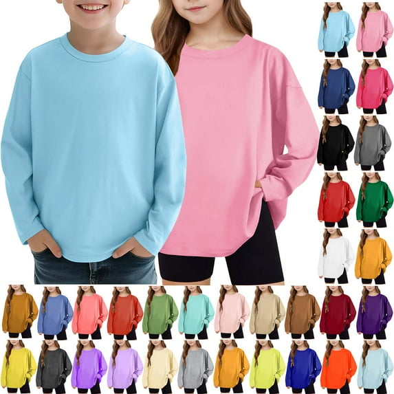 ZyeKqe Girls Boys Long Sleeve Shirts Crew Neck Basic Solid Loose Soft Casual Athletic Workout Tees Tops
