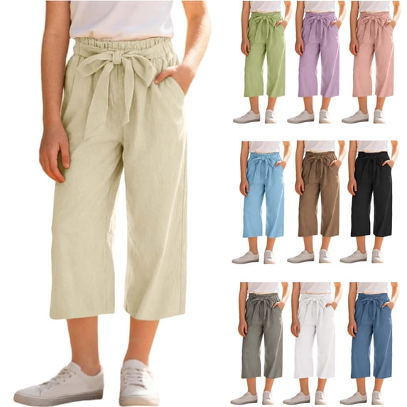 ZyeKqe Girls Capri Pants Elastic Waisted Adjustable Knot Loose Solid Color Casual Summer Cropped Trousers