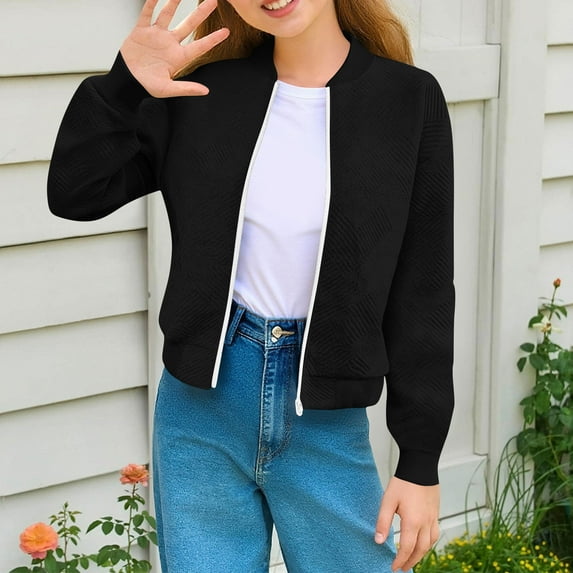 ZyeKqe Girls Fashion Jackets Casual Zip up Lightweight Fall Sweatshirts Kids Textured Soft Long Sleeve Outwear Coats