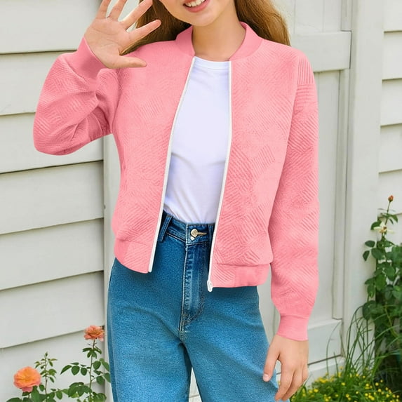 ZyeKqe Girls Fashion Jackets Casual Zip up Lightweight Fall Sweatshirts Kids Textured Soft Long Sleeve Outwear Coats