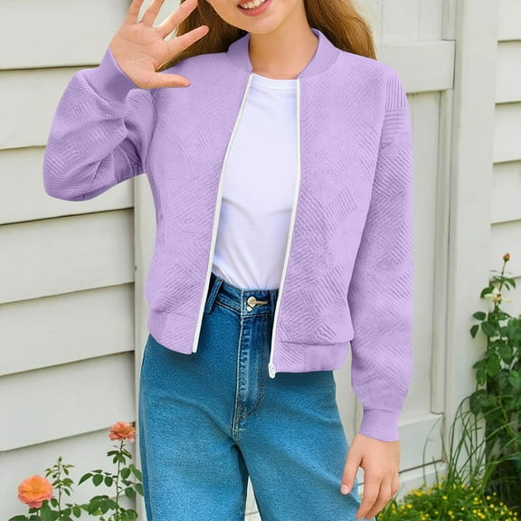 ZyeKqe Girls Fashion Jackets Casual Zip up Lightweight Fall Sweatshirts Kids Textured Soft Long Sleeve Outwear Coats