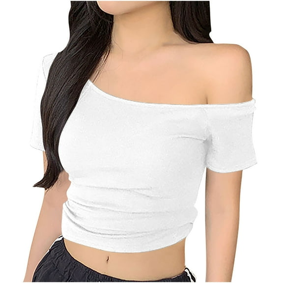 ZyeKqe Going out Tops for Women 1 Shoulder Crop Top Short Sleeve Shirts Asymmetrical Neck Tops Slim Fitted Basic Tees