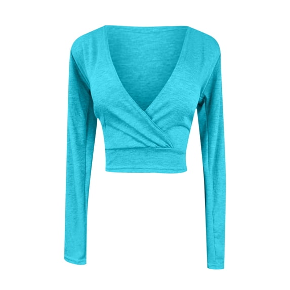 ZyeKqe Going out Tops for Women Long Sleeve Deep V Neck Crop Top Solid Color Casual Basic Tees Tsirts