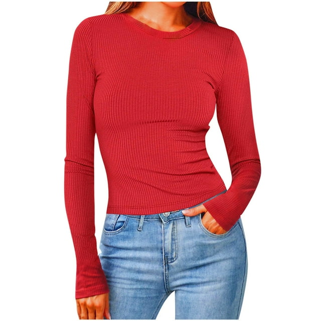 ZyeKqe Going out Tops for Women Long Sleeve Shirts Crewneck Ribbed Knit Stretchy Slim Fitted Basic Tees 2024 Fall Top