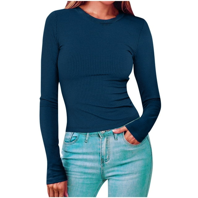 ZyeKqe Going out Tops for Women Long Sleeve Shirts Crewneck Ribbed Knit Stretchy Slim Fitted Basic Tees 2024 Fall Top